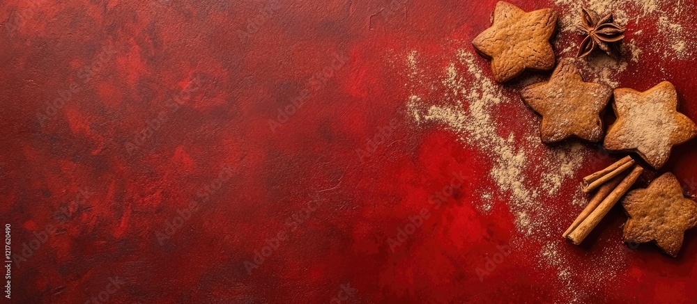 Aufkleber holiday themed cookies and spices on a rustic red background with copy space for text placement