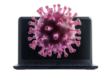 Virus hovering in front of a laptop, illustrating online security risks, isolated on transparent cutout background