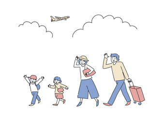 旅行に出かける家族と飛行機のイラスト
