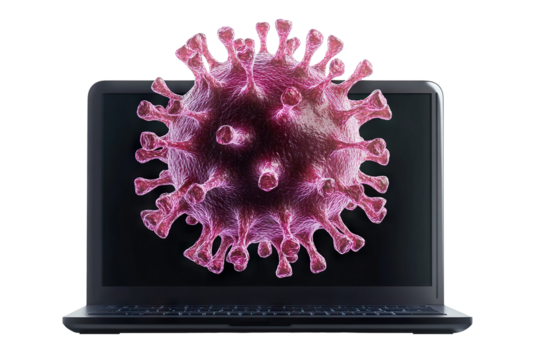 Virus hovering in front of a laptop, illustrating online security risks, isolated on transparent cutout background