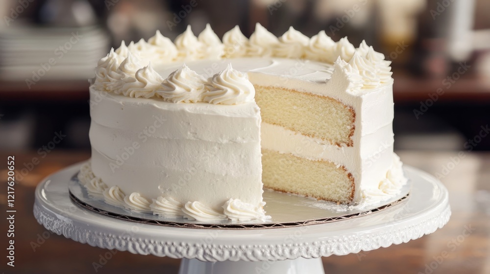 Poster delicious white frosted vanilla cake with a slice cut out displaying layers on a decorative stand wi
