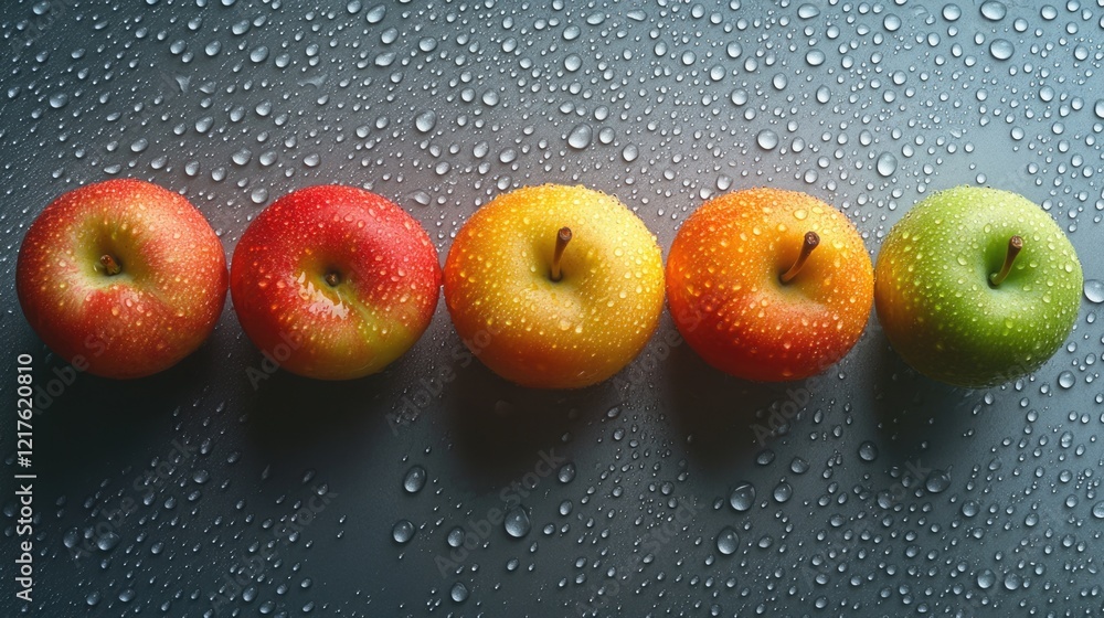 Poster colorful fresh apples with water droplets arranged in a line on a textured surface with copy space a