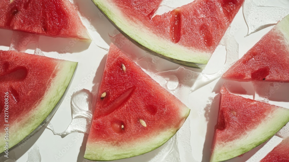 Poster freshly sliced watermelon pieces arranged on a white background with visible water droplets and copy