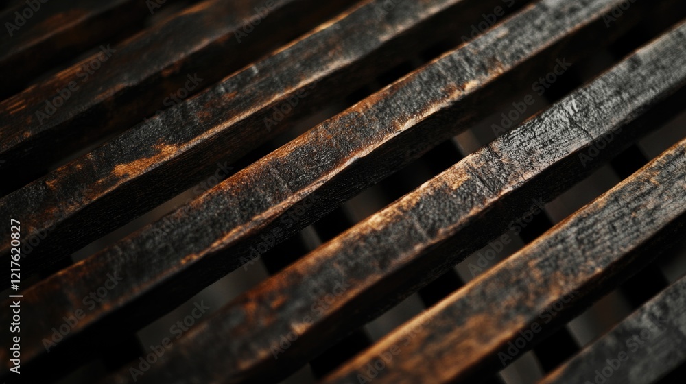 Poster detailed close-up of textured wooden planks with a dark finish and visible grain patterns ideal for 