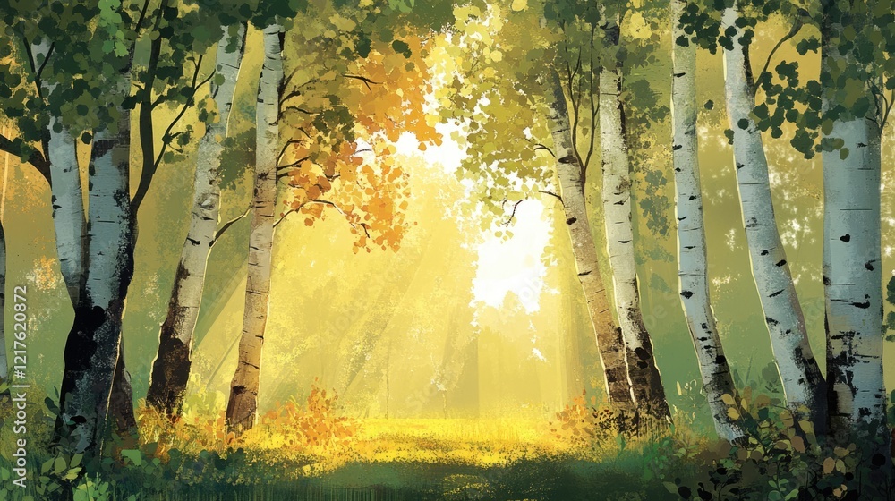 Poster sunlit forest scene in autumn with birch trees and soft light and copy space