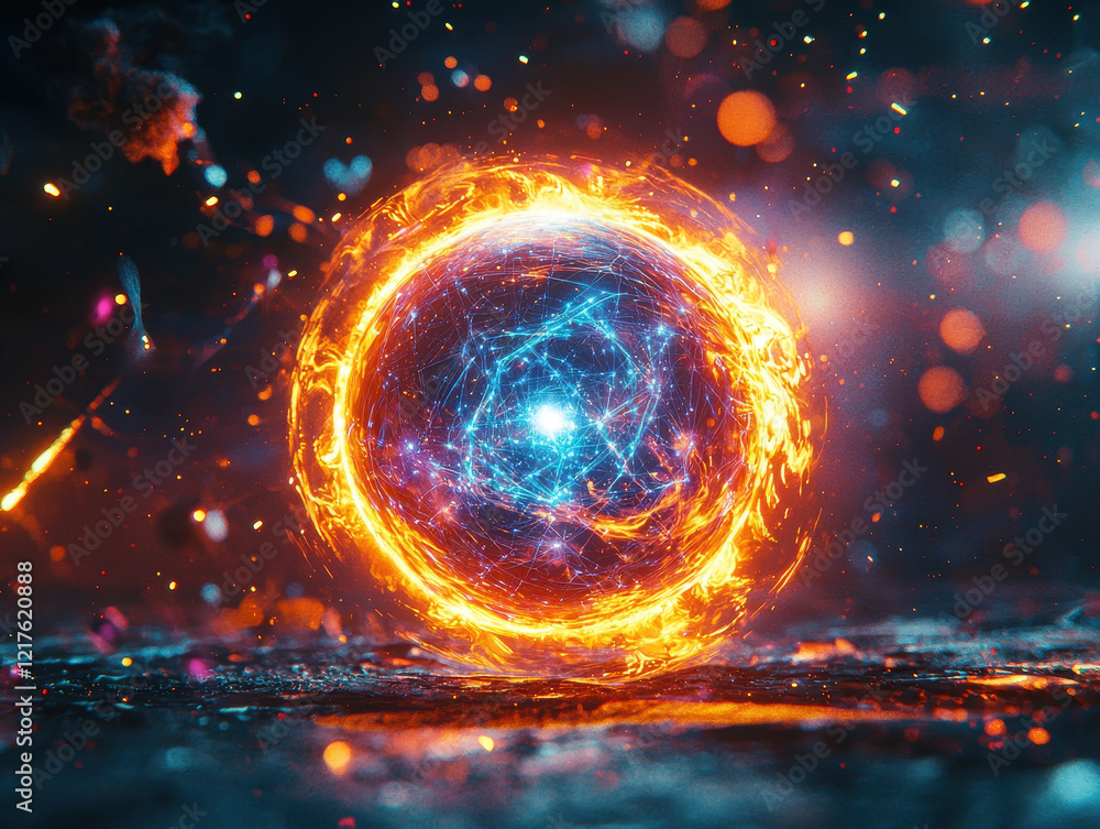 Poster vibrant quantum qubit sphere radiates rainbow colors, encapsulating energy arcs and particles in a c