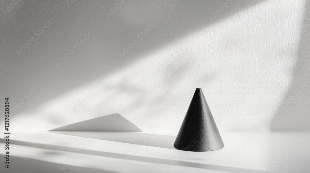 Poster minimalist still life composition featuring a black cone and a triangular shadow on a white surface 