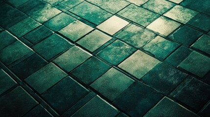 Textured green tile floor with reflection and depth, suitable for background or surface applications, Copy Space available.