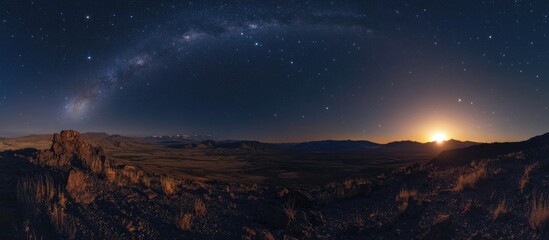 Panoramic view of starry night sky with Milky Way and sunrise over mountain landscape Copy Space