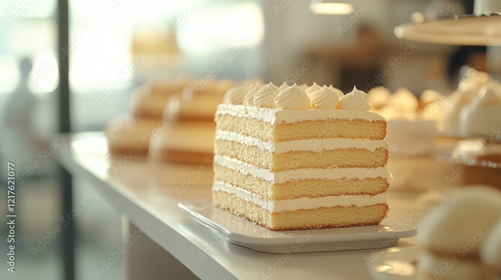 Poster layered vanilla cake with cream frosting displayed on a white plate in a bakery with blurred pastrie