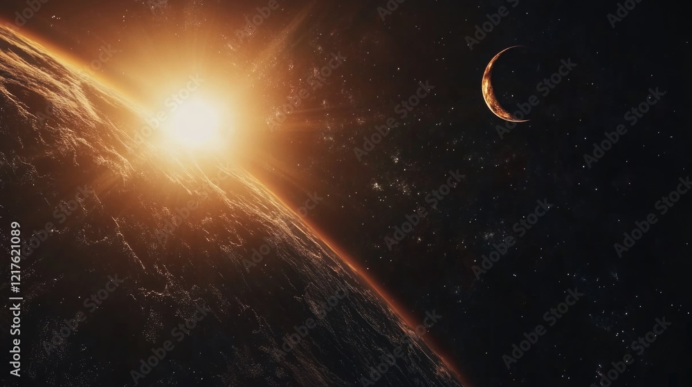 Poster sunrise over a distant planet with a crescent moon visible in a starry space background copy space