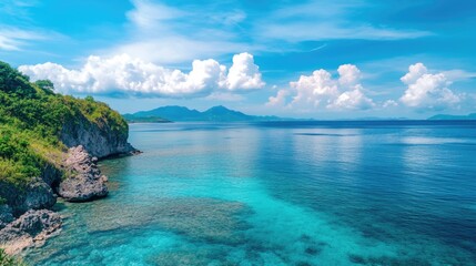 Fototapeta premium Tropical coastline with clear turquoise water and lush green vegetation under a blue sky with clouds Copy Space
