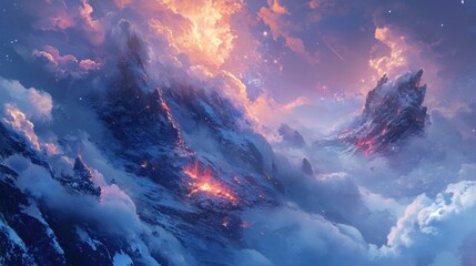 Majestic mountain landscape with fiery volcanic activity under a colorful sunset sky with dramatic clouds and Copy Space for text placement