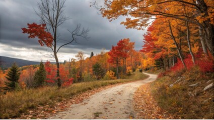 Fototapeta premium Scenic Autumn Forest Path with Vibrant Red and Orange Foliage Under Dramatic Cloudy Sky, Perfect for Nature, Travel, and Seasonal Concepts