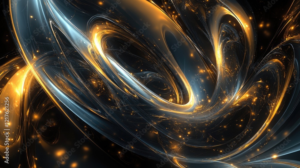 Poster abstract swirling light patterns with golden highlights on a dark background featuring copy space fo