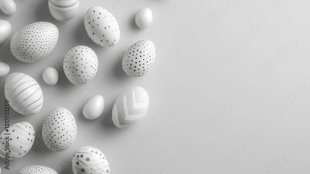 Poster white easter eggs with various patterns arranged on a light grey background with ample copy space fo