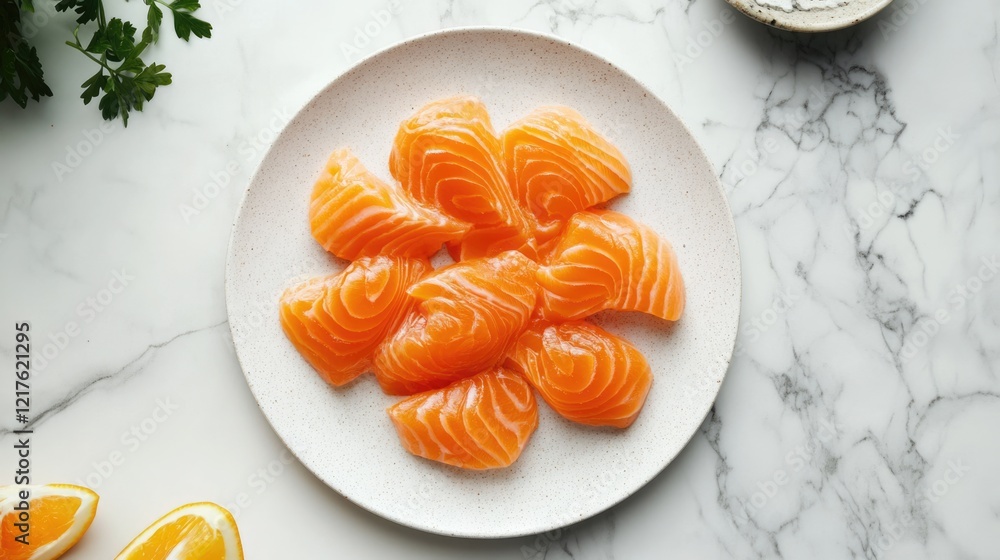 Poster freshly sliced salmon fillet arranged on a round plate with marble background and lemon wedges, feat