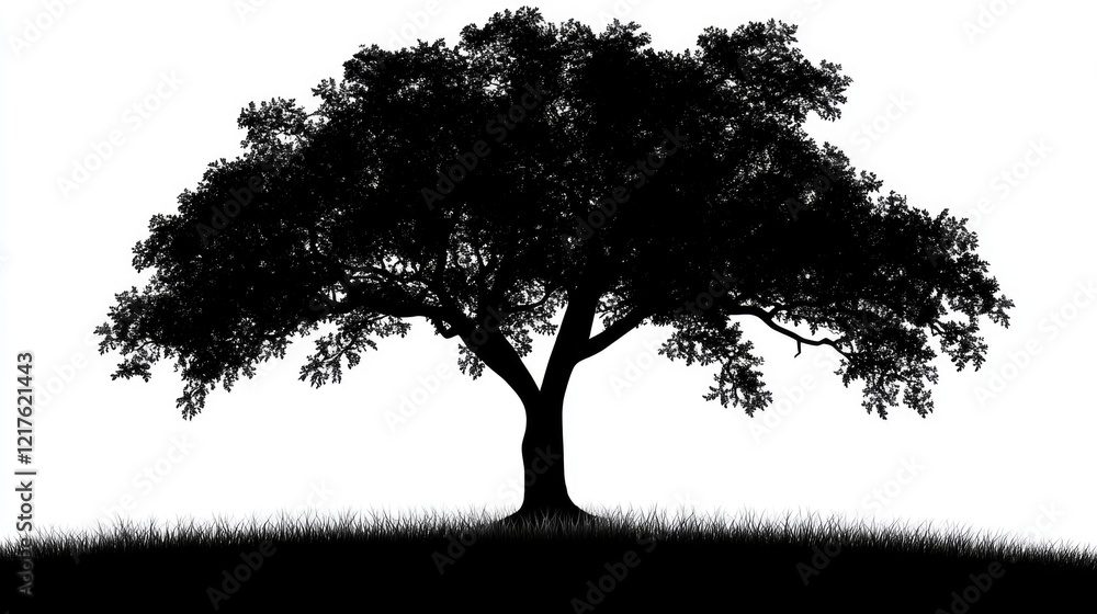 Poster silhouette of a large tree with intricate branches and foliage against a white background with grass