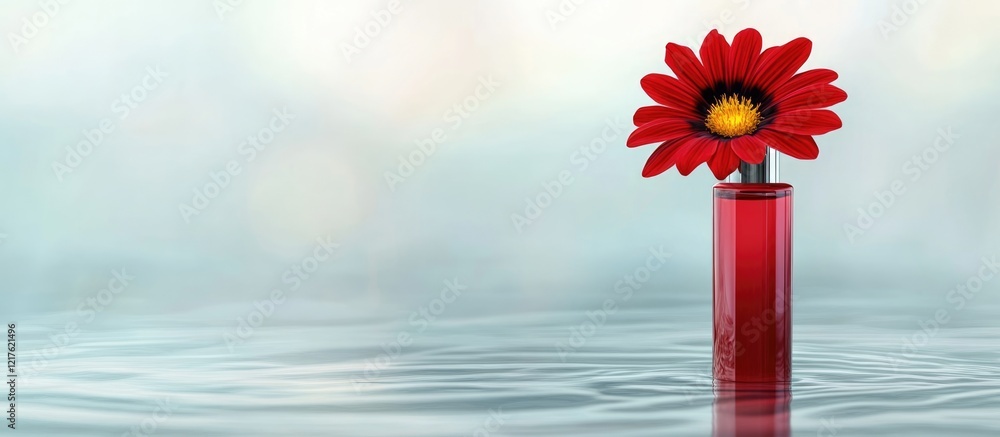 Poster red daisy flower in a transparent vase surrounded by rippling water with soft blurred background and