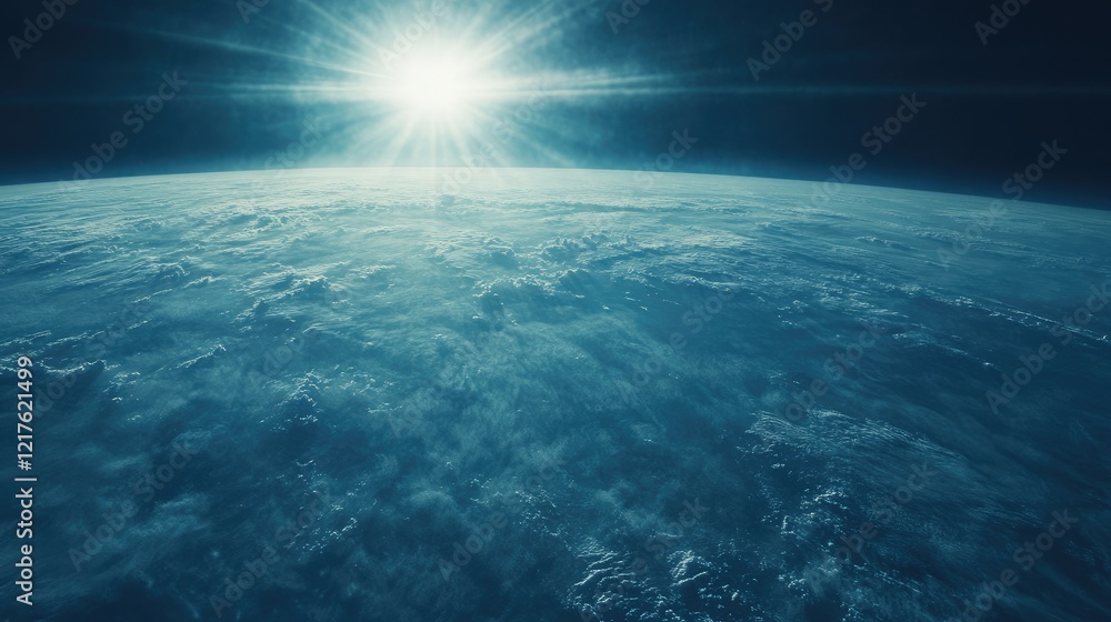 Poster sunrise over earth from space with atmospheric clouds and copy space for text placement