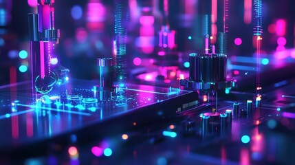 A highresolution image of advanced machinery outfitted with a series of compact IoT devices emitting colorful signals to depict interaction over a 5G network.