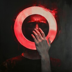 Abstract portrait of a person with a glowing red halo effect around their head expressing emotion with hand blocking face Copy Space