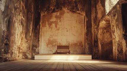 Obraz premium Abandoned interior of a weathered room with cracked walls and wooden bench on a platform illuminated by sunlight Copy Space