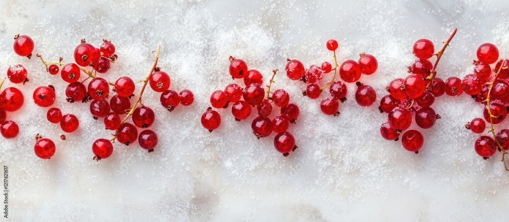 Poster fresh redcurrants arranged on a light marble surface with copy space for text placement.