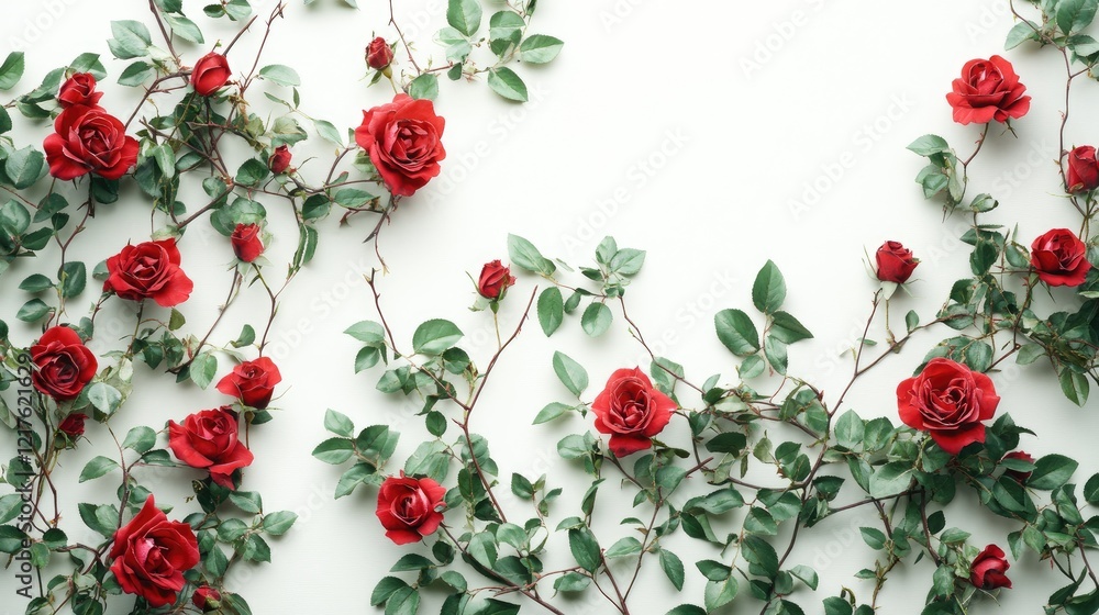 Poster red roses with green leaves arranged on a light background with ample copy space for text.