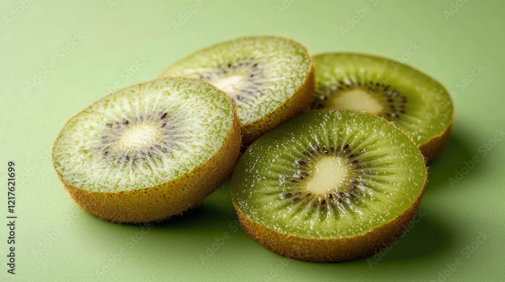 Poster freshly cut kiwi fruit slices arranged on a green background with natural lighting and copy space fo