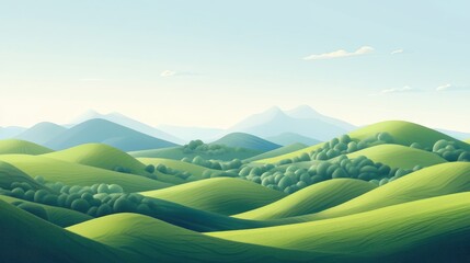 Vast rolling green hills under a clear sky with distant mountains and soft clouds, landscape illustration with Copy Space for text or graphics.