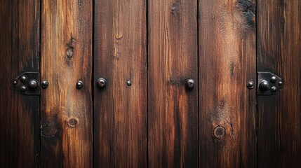 Fototapeta premium Rustic wooden wall with dark brown planks and hardware accents suitable for copy space and texture backgrounds