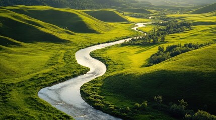 Obraz premium Lush green hills with winding river under soft sunlight landscape with blue sky and copy space for text