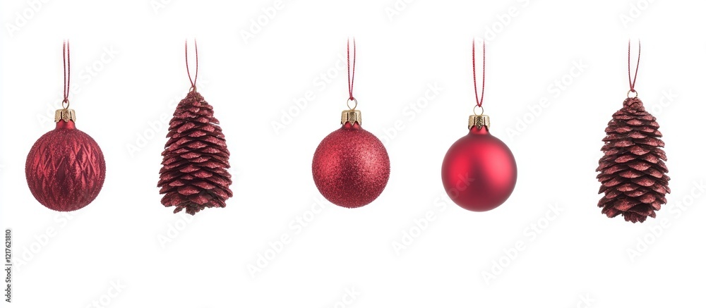 Poster red christmas ornaments and pinecones hanging on strings with copy space for text