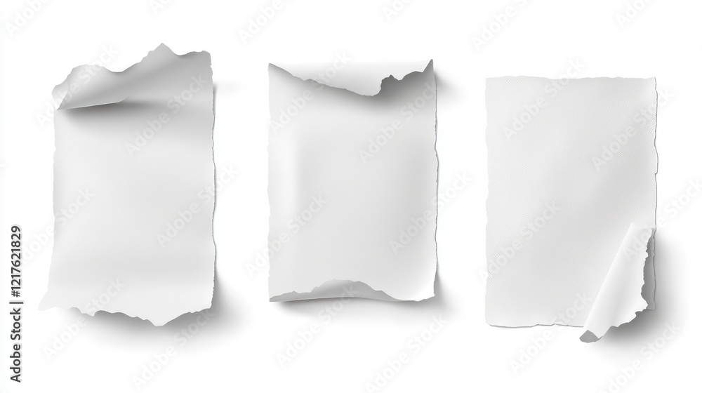 Poster three torn and crumpled blank sheets of paper on a white background with natural shadows copy space