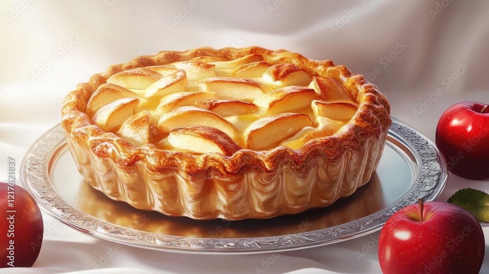 Poster freshly baked apple pie on a silver platter surrounded by red apples with a soft fabric background a