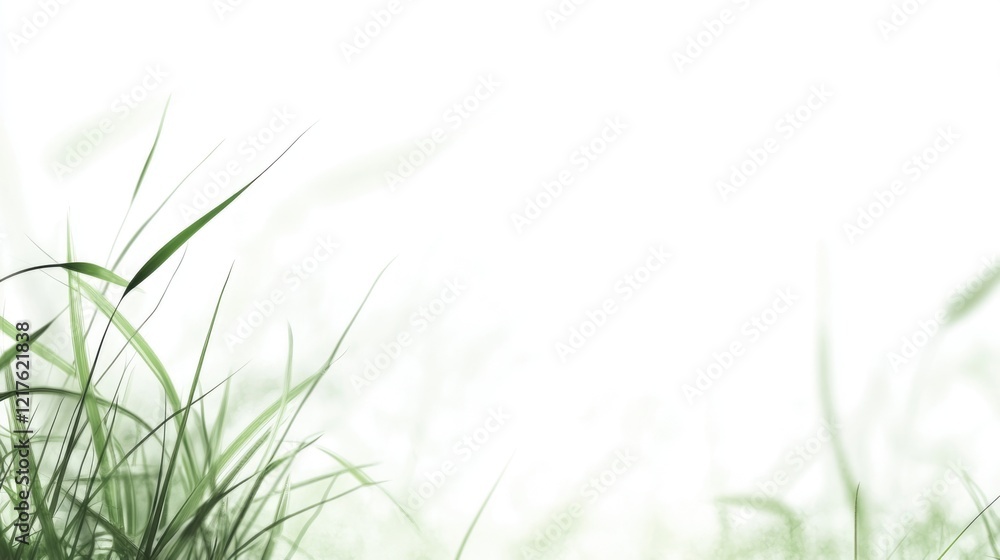 Poster green grass against a soft white background with copy space for text or graphic design elements