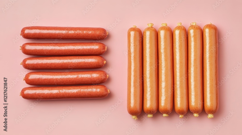 Poster raw sausages arranged in two groups on a pink background with copy space for text