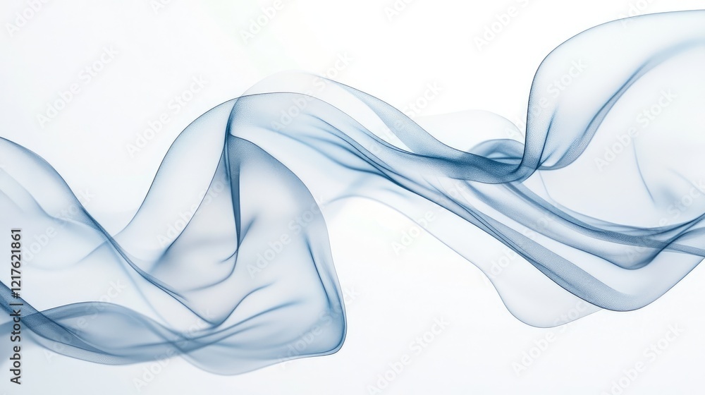 Poster blue flowing smoke on a white background with soft curves and lines, suitable for overlay text, with