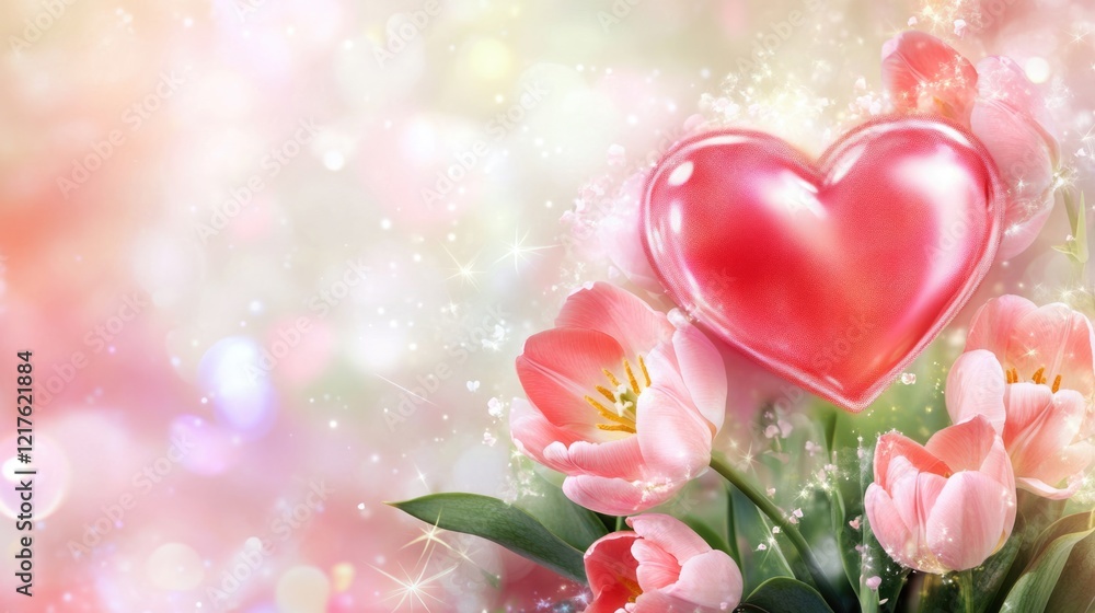 Poster pink tulips with a glossy heart shape and soft bokeh background copy space for valentine's day or ro