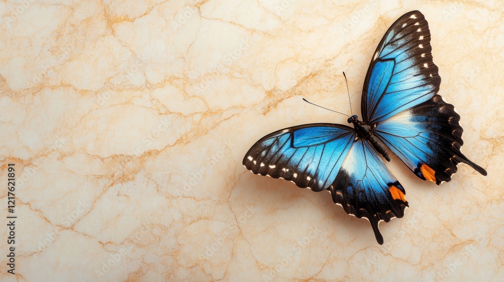 Poster blue butterfly on a light marble background with copy space for text placement.