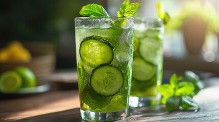 Refreshing cucumber mint cocktails with ice in clear glasses garnished with mint leaves and cucumber slices in a well-lit setting Copy Space