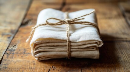 Fototapeta premium Folded linen cloth wrapped with twine on wooden surface with copy space for text