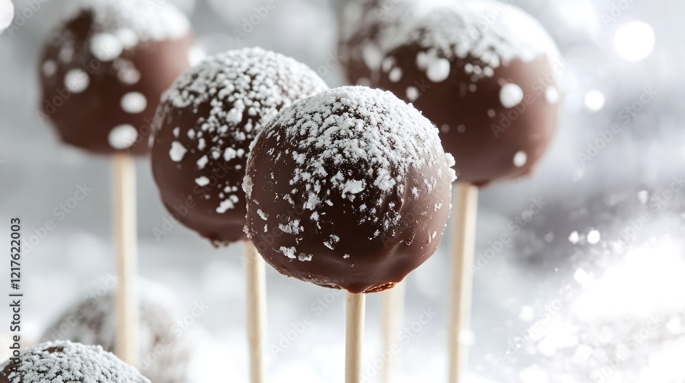 Poster chocolate cake pops dusted with powdered sugar on sticks with blurred background and copy space.