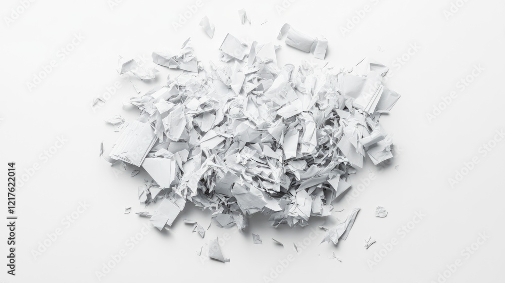 Poster shredded white paper pile on a clean white background with copy space for text or design elements