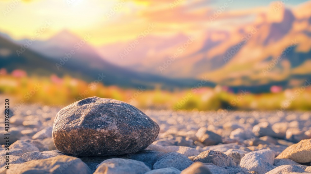 Poster sunset view of a single stone on a pebbled surface with blurred mountains and colorful sky in the ba