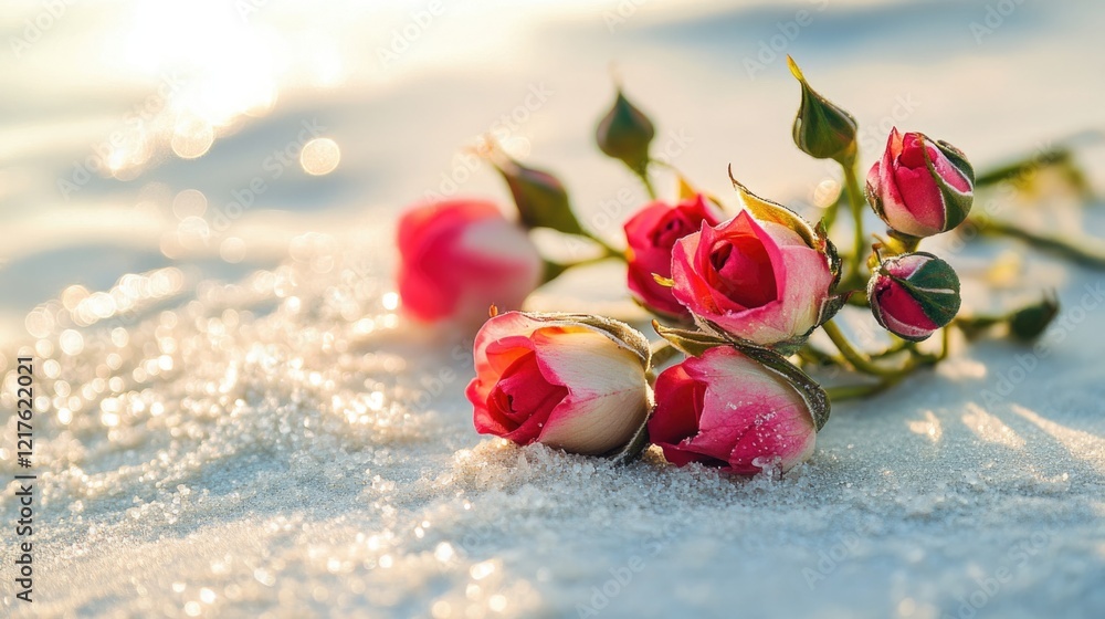 Poster pink roses on snow with glistening sunlight creating a soft bokeh effect and ample copy space for te