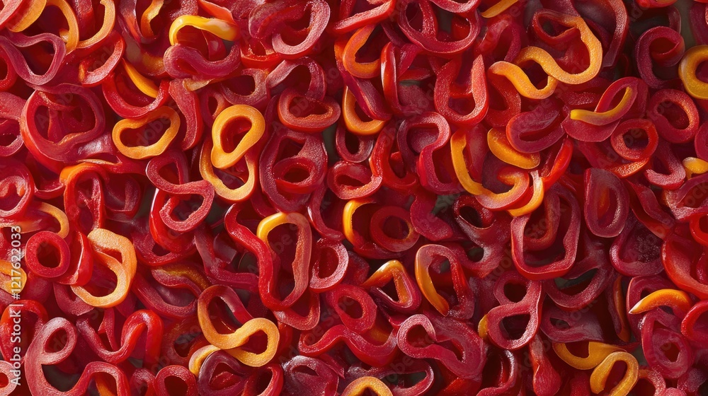 Poster colorful strands of red and yellow pasta layered in an abstract pattern with copy space for text pla