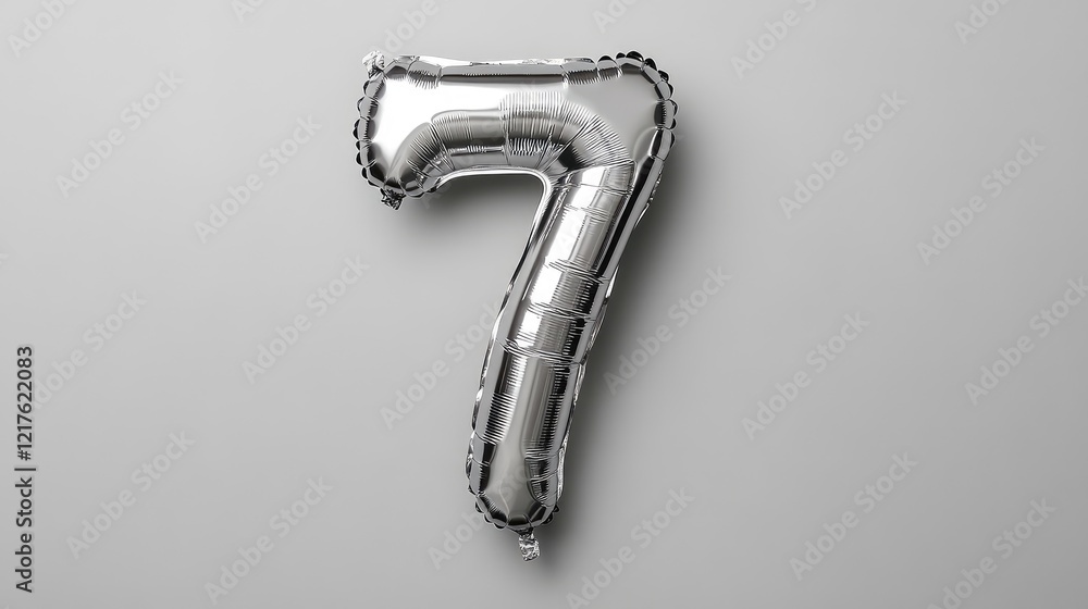 Poster silver colored helium balloon in the shape of the number 7 on a light gray background with copy spac