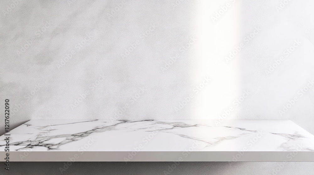 Poster white marble countertop with gray veins on a light gray background featuring ample copy space for te